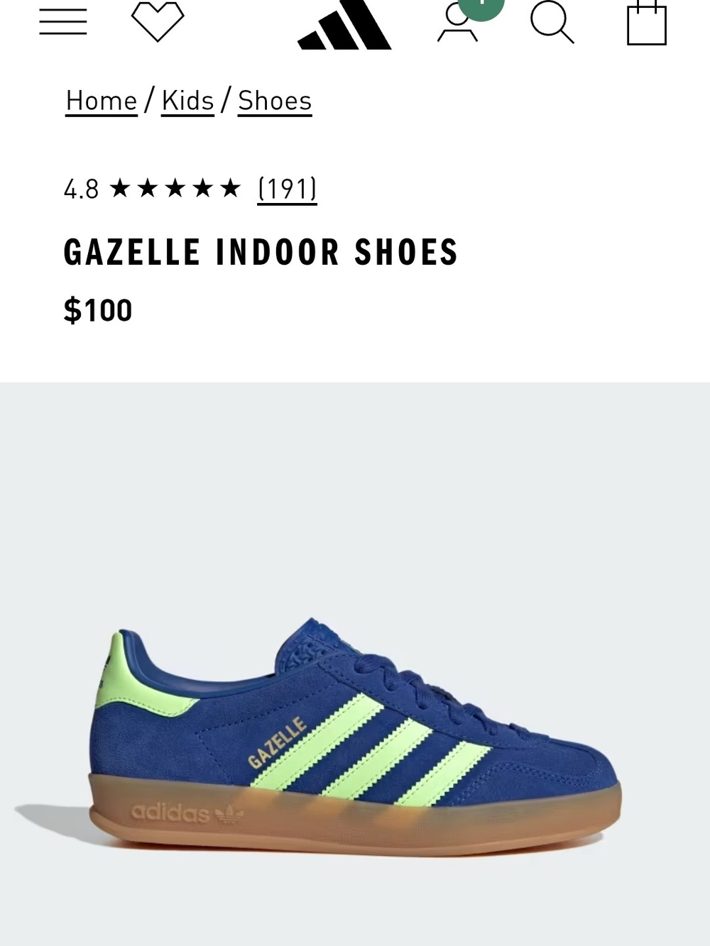 adidas Kids Gazelle Indoor Shoes — Blue with Neon Green Accents